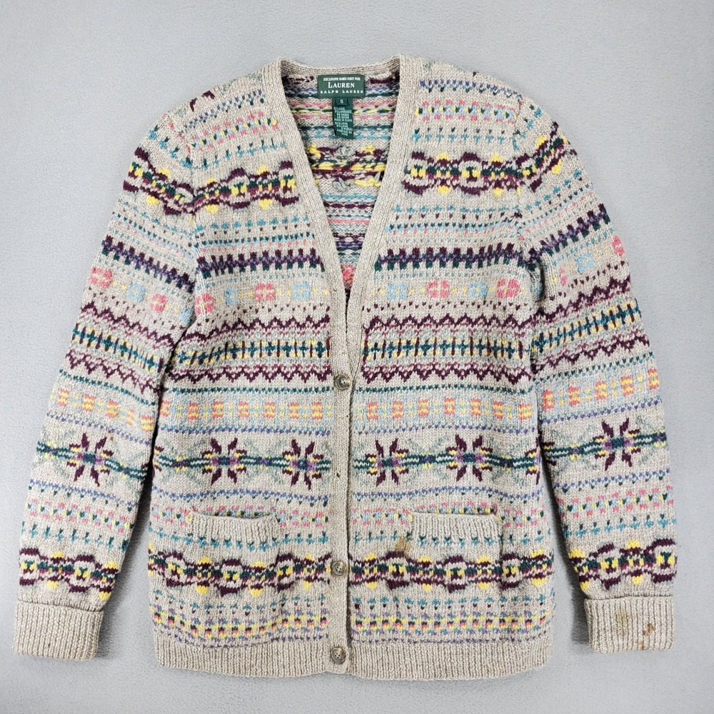 Lauren Ralph Lauren Cardigan Women S Multicolor Fair Isle Wool Hand Knit Sweater